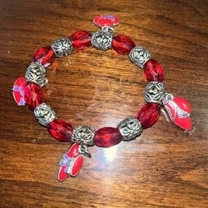 Vintage Crystal Glass Bead Enamel Red Hat Society Charm Bracelet